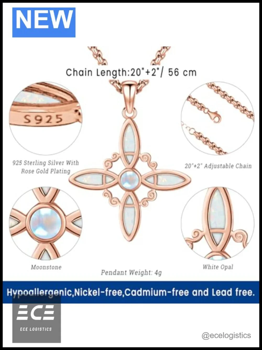 Witches Knot Necklace Rose Gold-plated 925 Sterling Silver Opal Pendant 20in